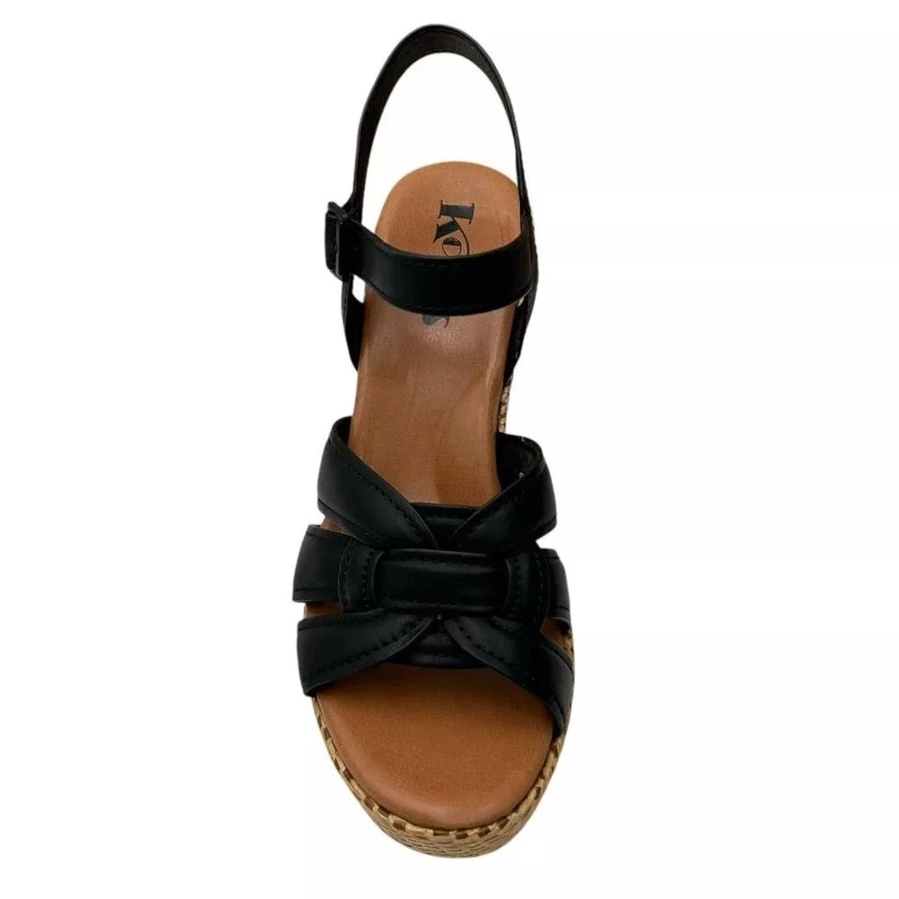 KORKS Dee Womens Wedge Platform Sandal Size 9 Black/Tan Faux-leather Block Heel